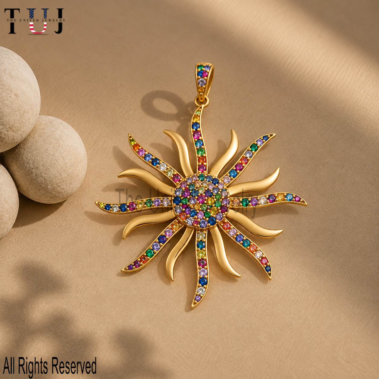 Rainbow Pave Sun Pendant – Gold Celestial Sun Charm