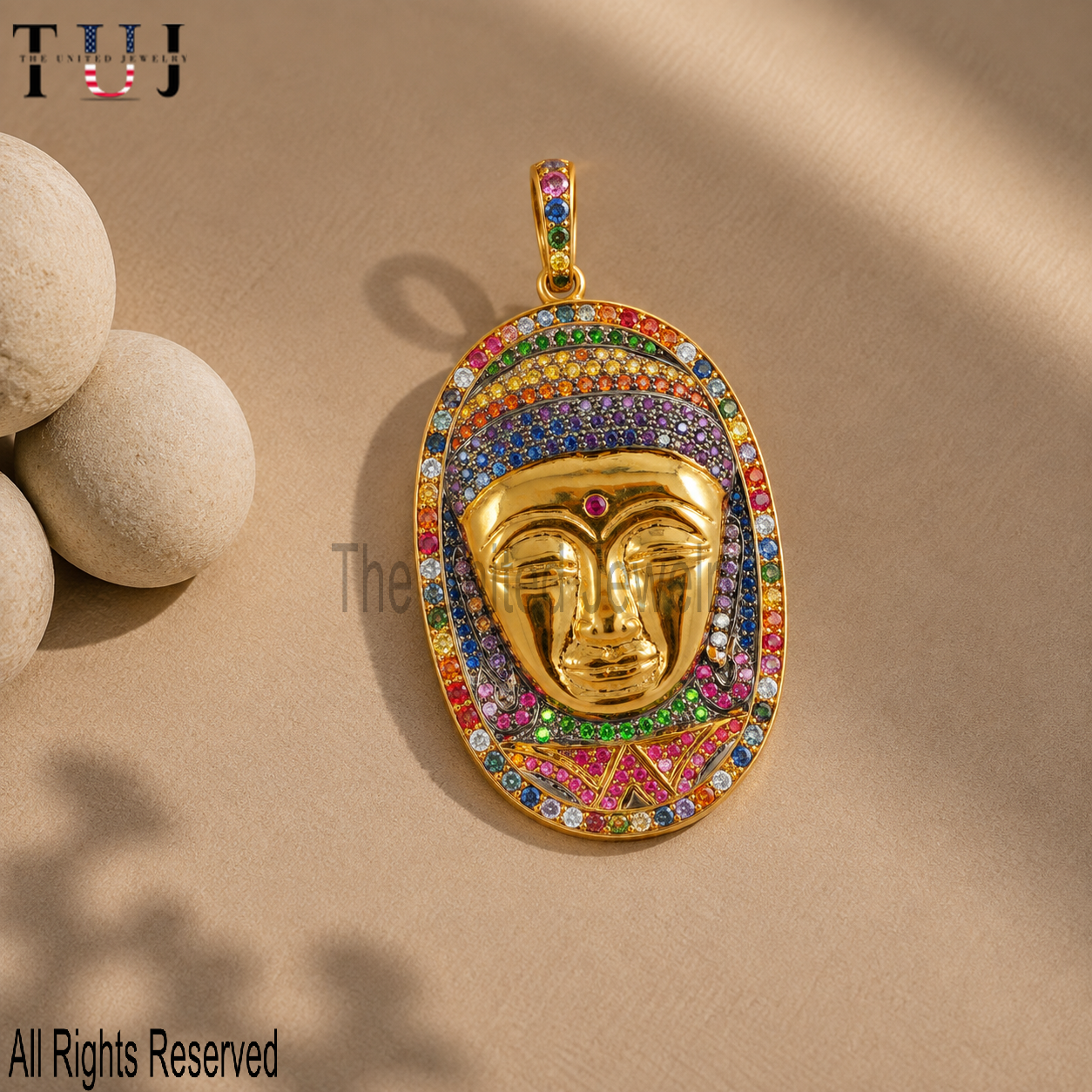 Rainbow Pave Buddha Pendant – Gold Buddha Face Charm